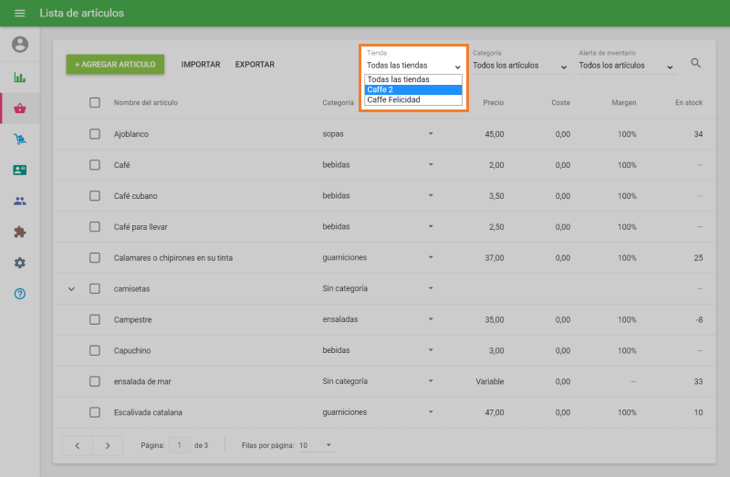 lista de artículos para la tienda seleccionada