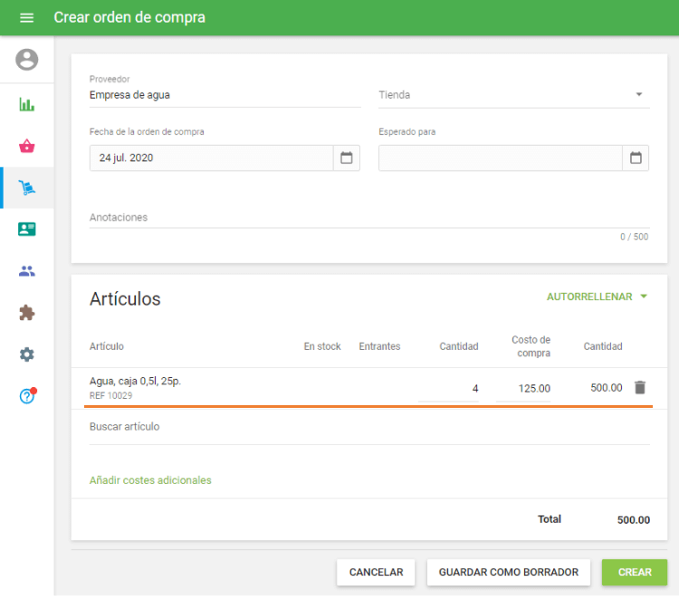 Crea una orden de compra