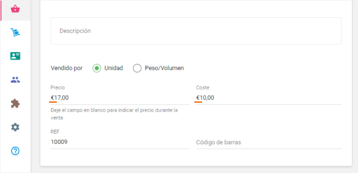 los campos de precio y coste