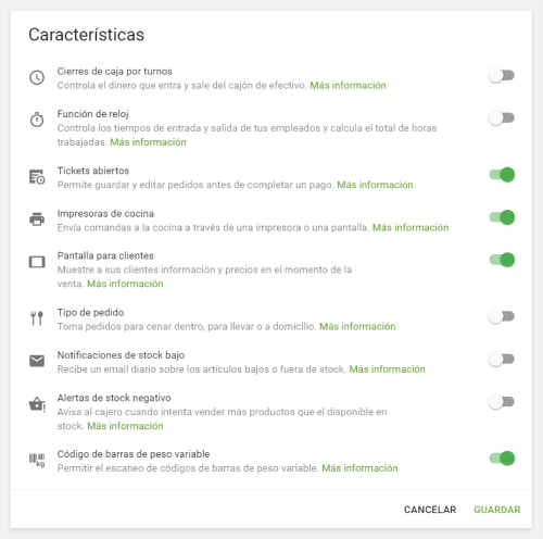 sección 'Características'