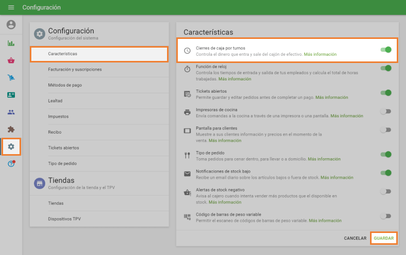 opción 'Cierres de caja por turnos'