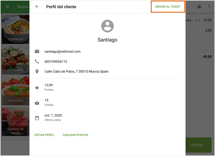pulse ’Añadir al ticket’