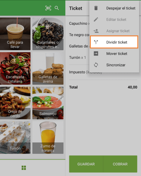 el botón de 'Dividir ticket'