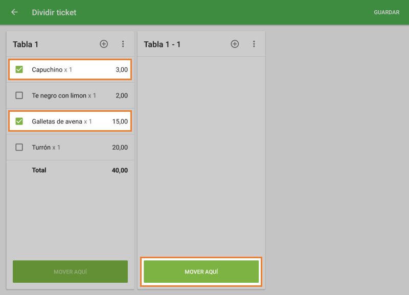 Seleccione artículos y pulse el botón 'Mover aquí'