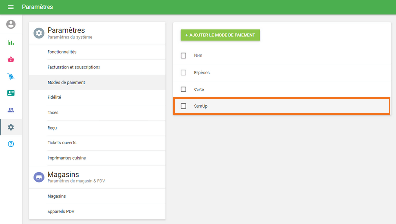 Menu «Types de paiement» dans le Back Office