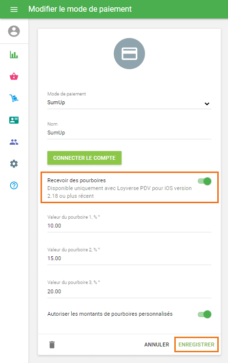 Option 'Autoriser les montants de pourboire personnalisés'