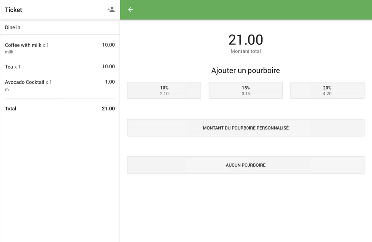 Sélectionnez le montant du pourboire