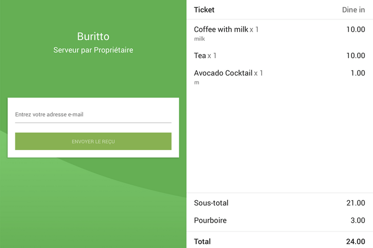 Reçu avec pourboires en CDS
