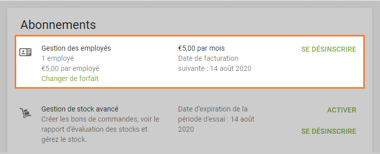 Informations sur l'abonnement actif