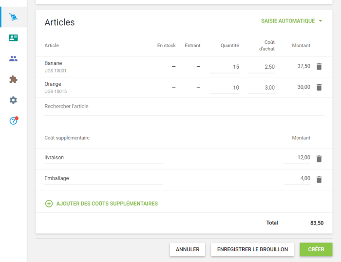 Entrez le nom 'Coût supplémentaire' et 'Montant'