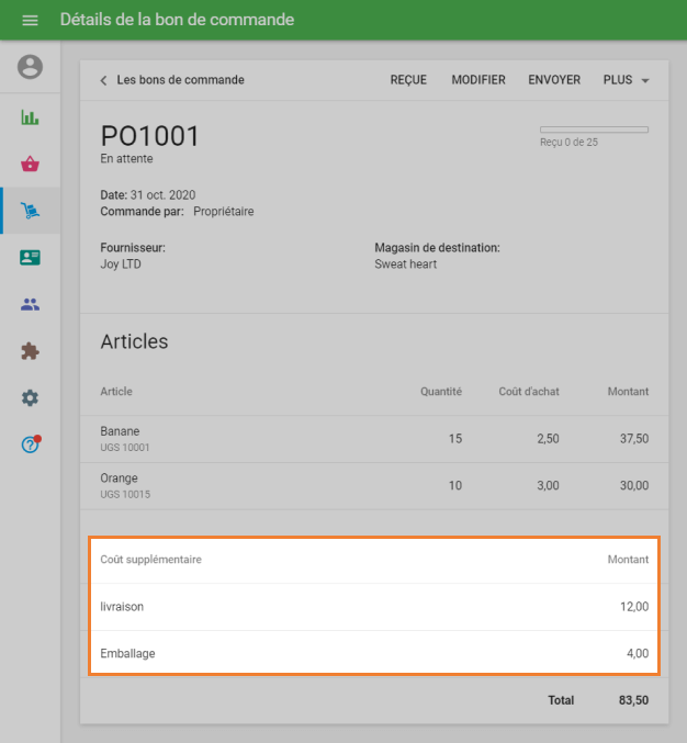 coût supplémentaire dans les détails de votre bon de commande