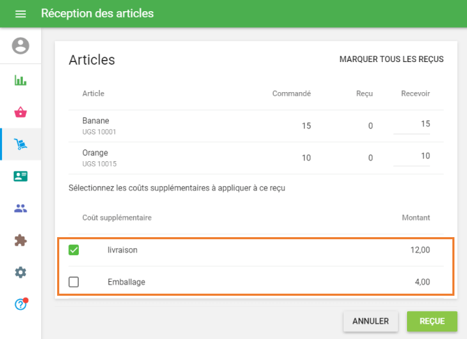 sélectionner des coûts supplémentaires