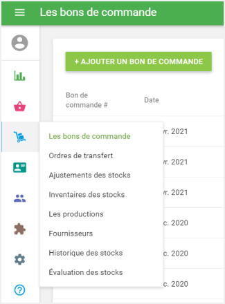 le menu 'Gestion de stocks'