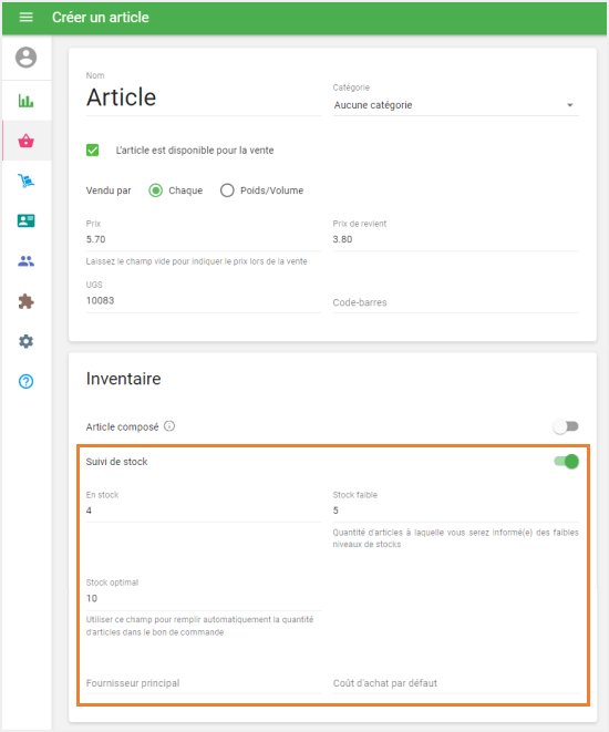 champs supplémentaires dans la section 'Suivi des stocks'