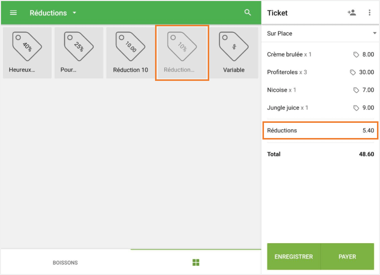 Tapez sur la réduction souhaitée