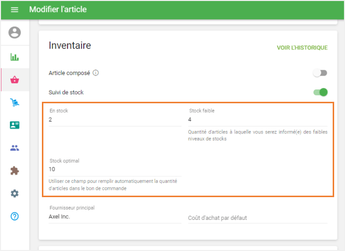 'Stock faible' et 'Stock optimal' champs