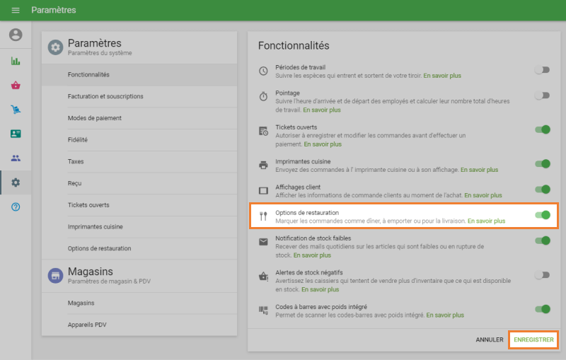 curseur «Options de restauration»
