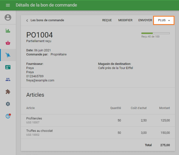 menu déroulant « Plus »