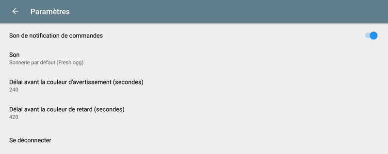 Écran avec paramètres