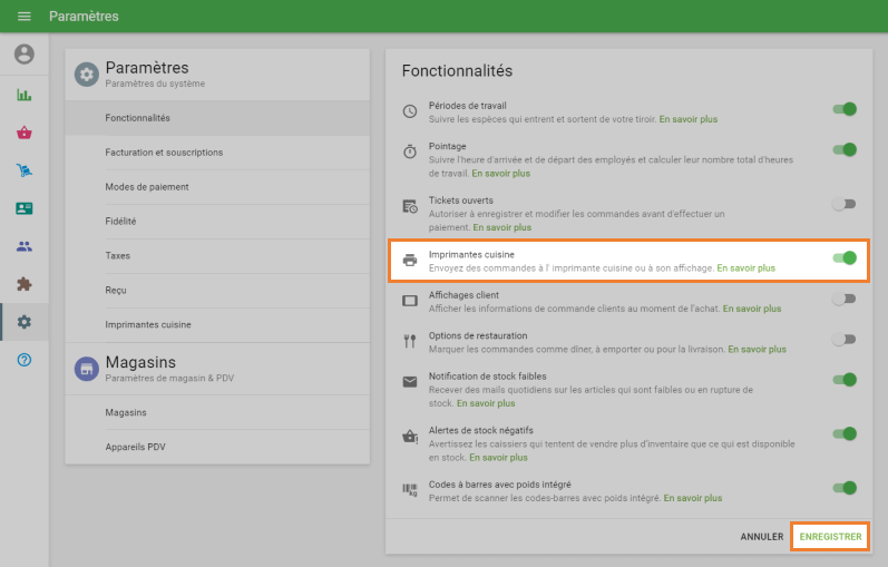 allumez le curseur 'Imprimantes cuisines'
