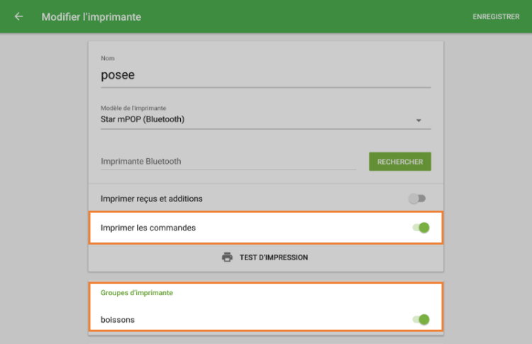 Activer «Imprimer les commandes»