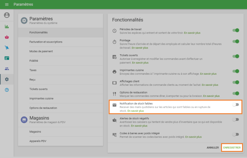 L’option 'Notifications de stock faible'