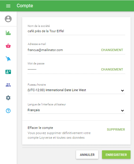 formulaire du profil du compte