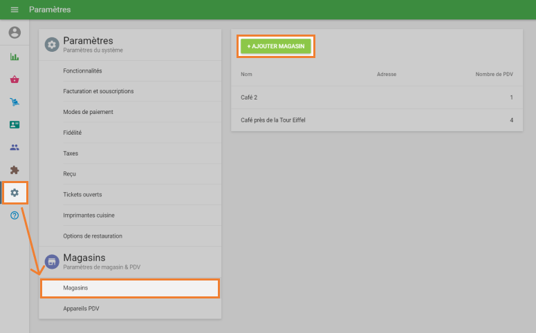 le bouton 'Ajout Magasin'