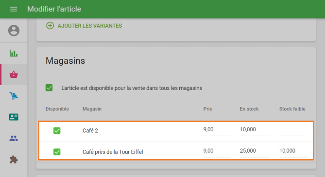 paramètres de l'article pour chaque magasin