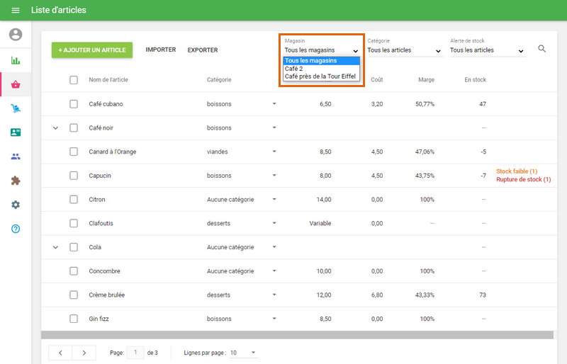 liste d'articles pour chaque magasin