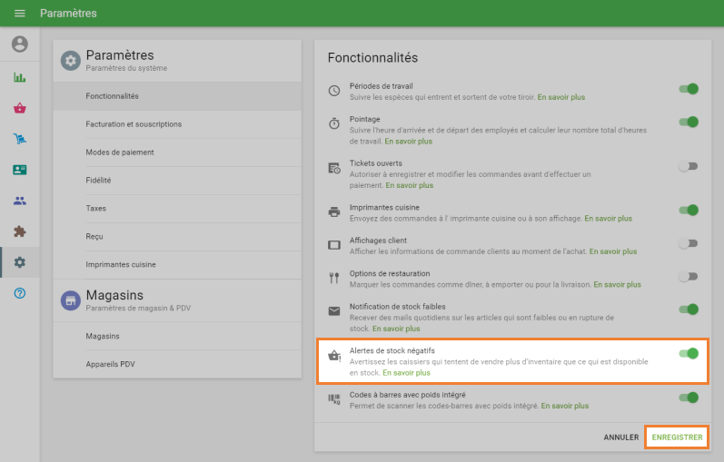 'Alertes de stock négatifs'