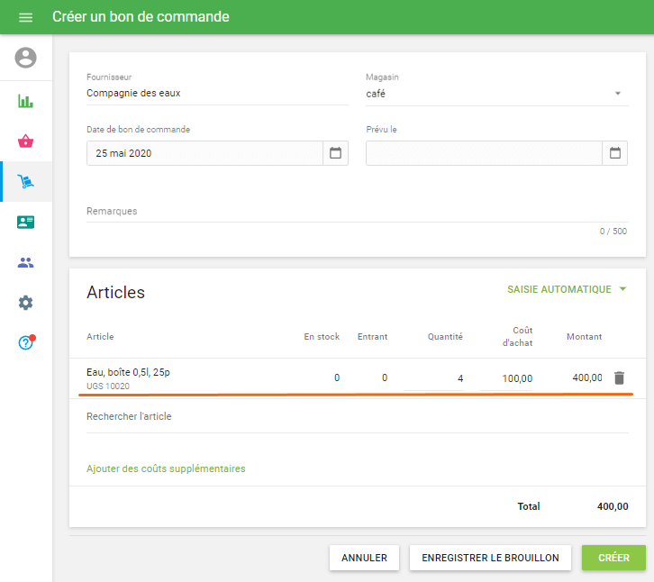 Créer un bon de commande