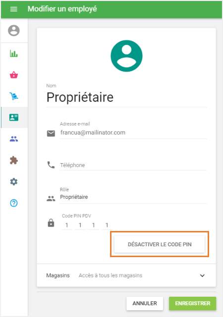 le bouton 'Désactiver le code PIN'