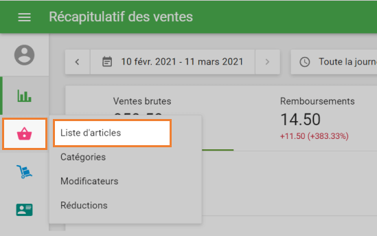 menu 'Liste d'articles'