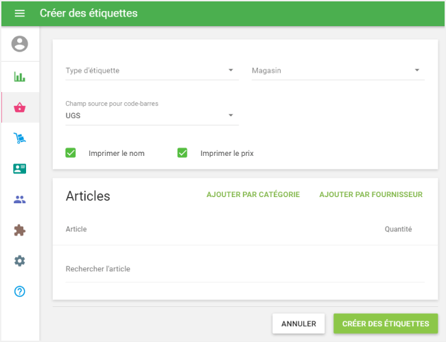 formulaire 'Créer des étiquettes'