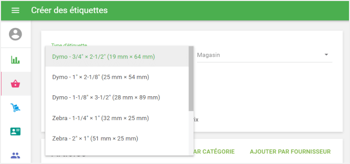Sélectionnez un 'Type d'étiquette'