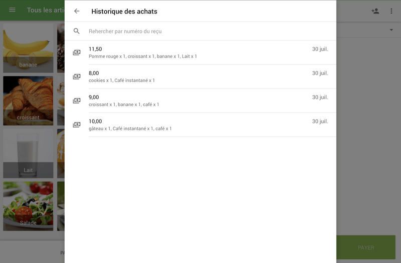 Liste des reçus précédents