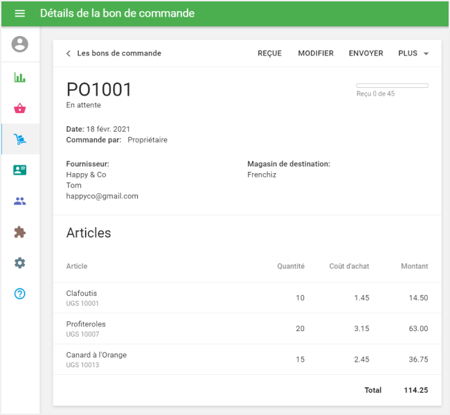 détails de bon de commande