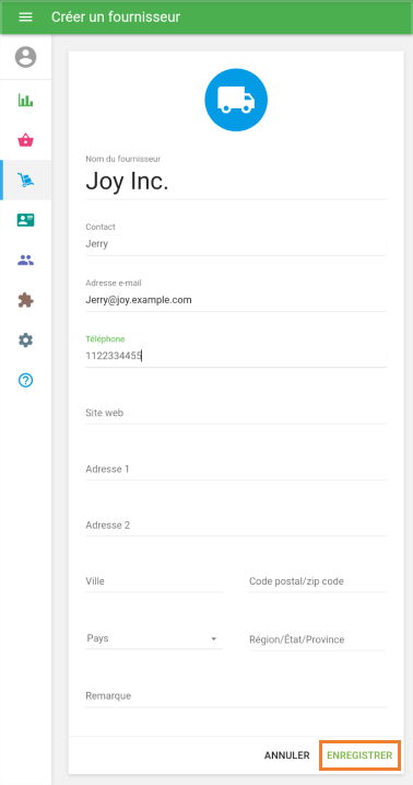 le formulaire 'Créer un fournisseur'