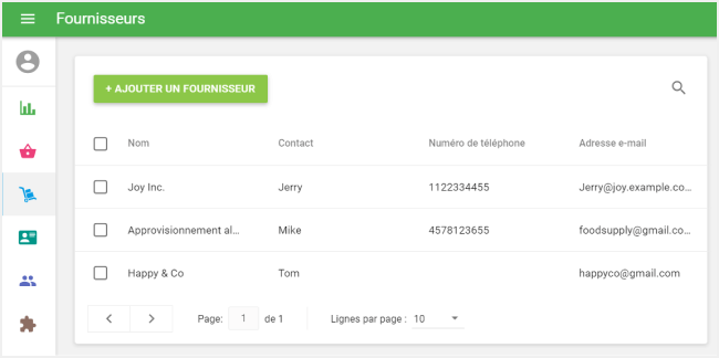 une liste de vos fournisseurs