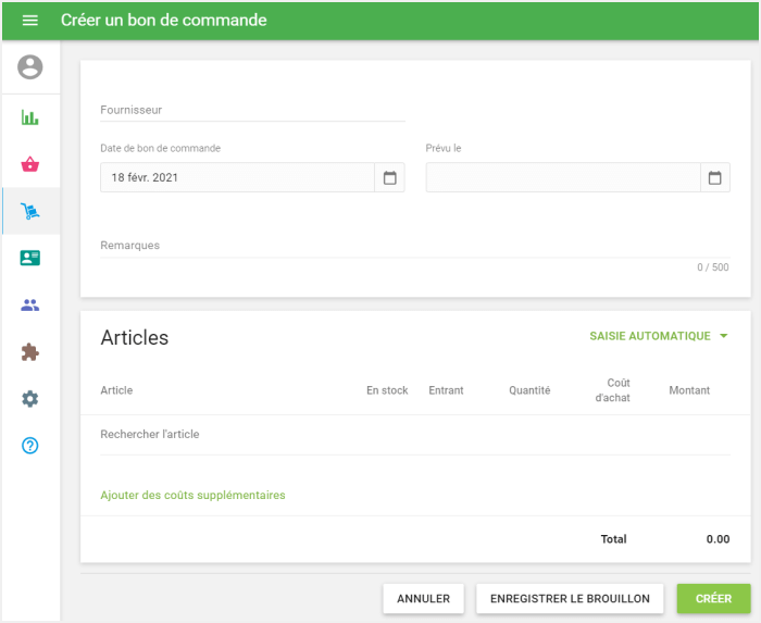 formulaire 'Créer un bon de commande'