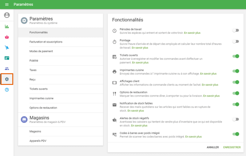 Paramètres du systéme