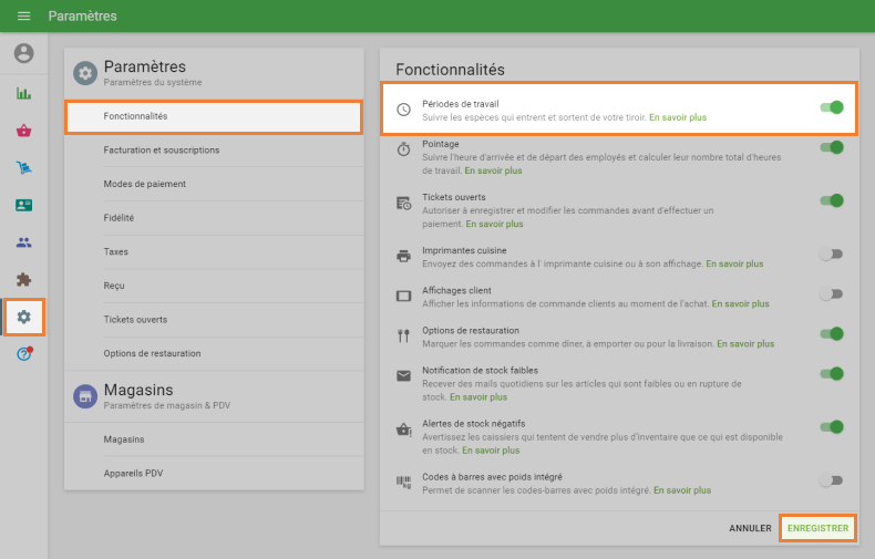 Activez les 'Périodes de travail'