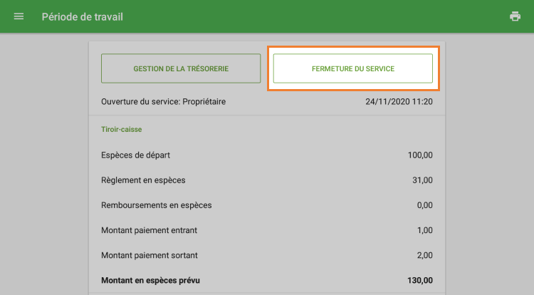 le bouton «Fermeture du service»
