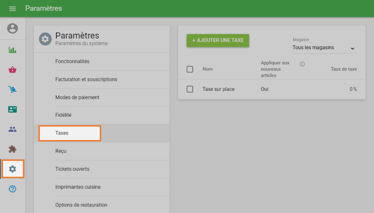 'Taxes' dans les 'Paramètres'