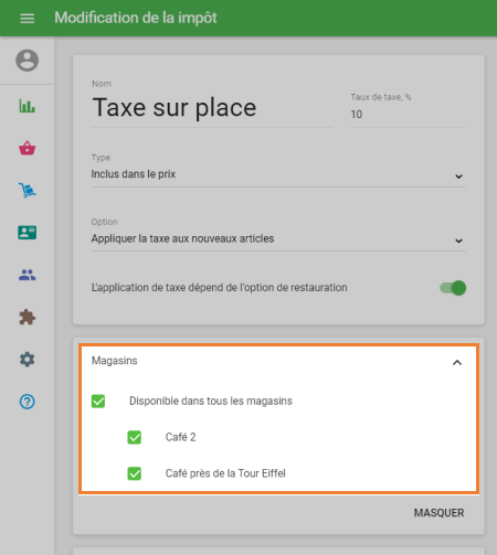 disponibilité de la taxe pour chaque magasin