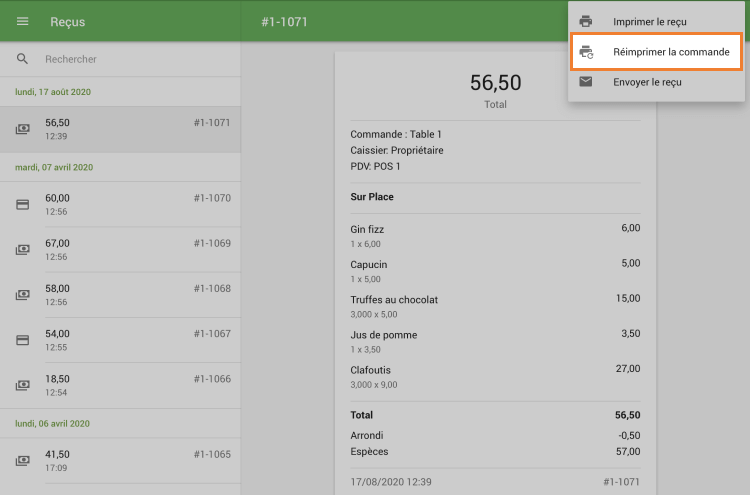 Ticket de la section Reçus