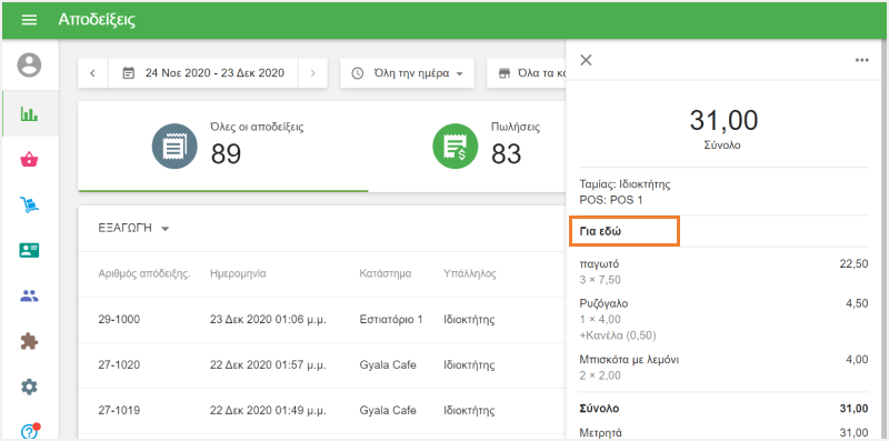 Επιλογές φαγητού στο Back Office