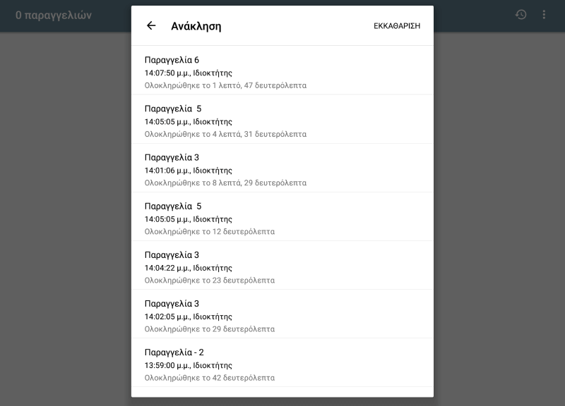 λίστα των ολοκληρωμένων παραγγελιών