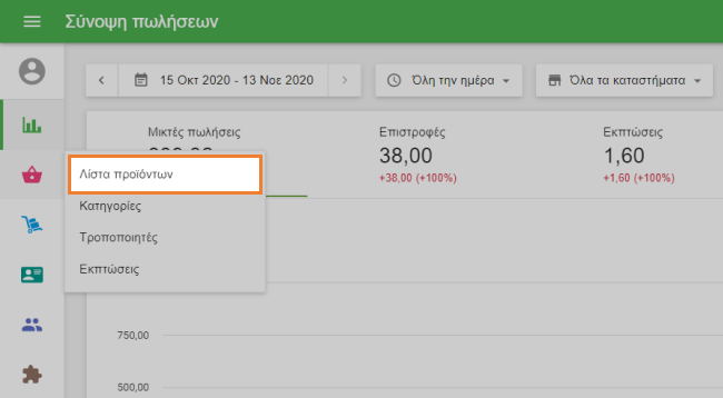 μενού 'Λίστα προϊόντων'